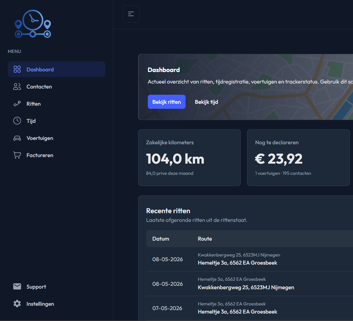 AutoTimeTrack Pro dashboard met ritten en uren (voorbeeld, in ontwikkeling)