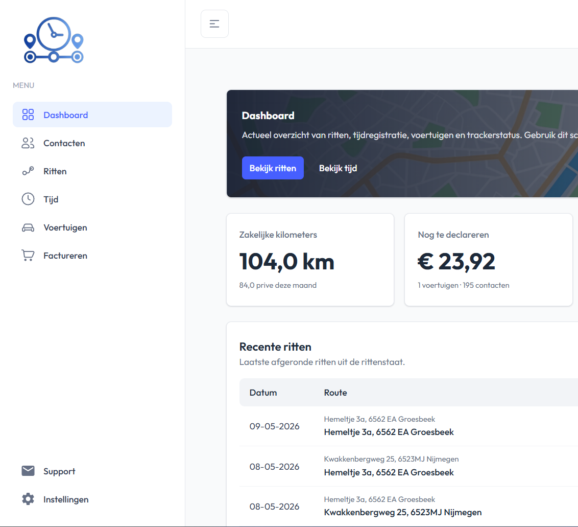 AutoTimeTrack Pro overzicht met automatisch herkende klantbezoeken (voorbeeld, in ontwikkeling)